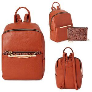 Time and Tru Women’s Brown Faux Leather Backpack Leopard Pouch, 9.75"x4.63"x12"